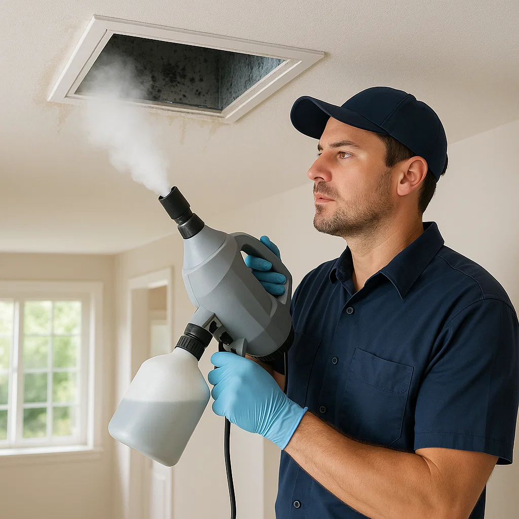 Technician applying disinfectant to HVAC air ducts to remove odors, mildew and bacteria in Humble TX.