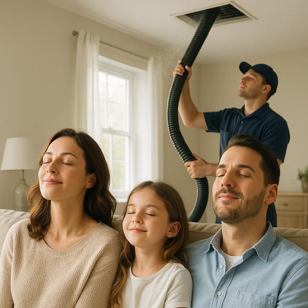 Technician using high-powered vacuum to remove dust, pollen and pet dander from HVAC air ducts in Humble TX.